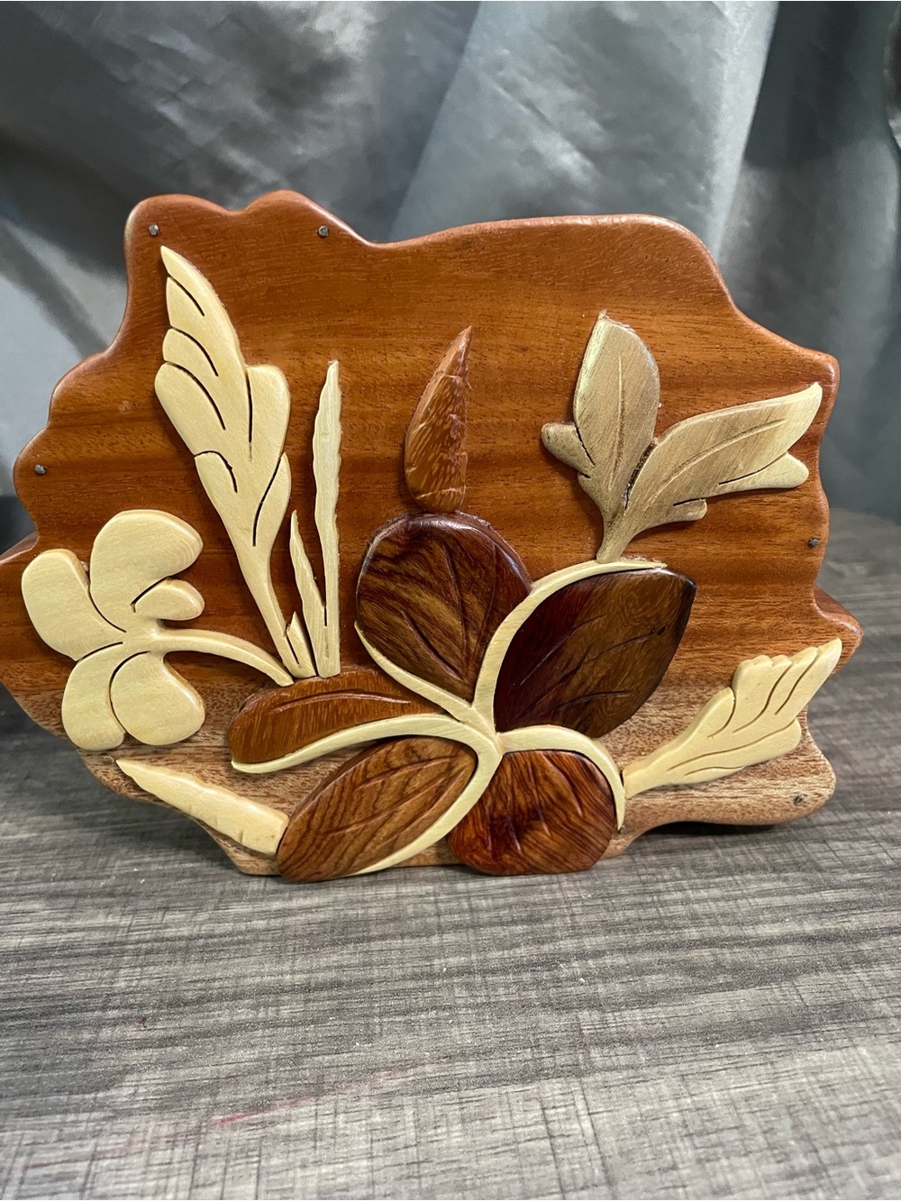 Handcrafted Intarsia Wooden Floral Coin Bank - Top Slot Money Piggy Bank